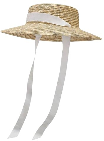 Generisch Chapeau de Pêche Unisexe Femmes Vintage Boater Chapeau de Paille à Large Bord Haut Plat Chapeau de Paille Floppy Chapeau de Paille Plage Chapeaux de Soleil avec Mentonnière Bord Chapeau de