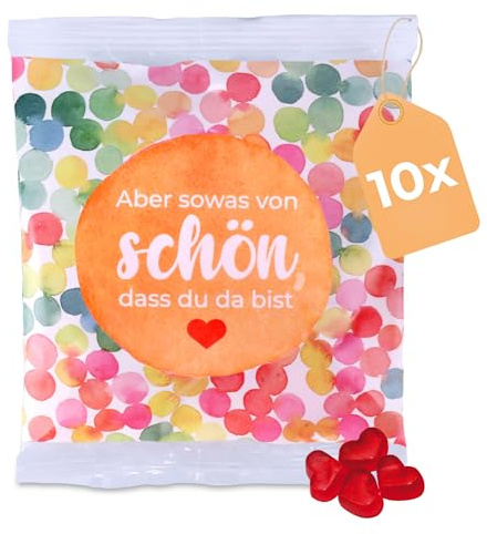 Fruchtgummi Herzen 10er Pack à 50 g – Aber sowas von schön, dass du da bist – leckere Trolli Gummiherzen-Tüten mit 10% Fruchtsaft – perfektes Dankeschön, Gastgeschenk oder Mitgebsel für jeden Anlass