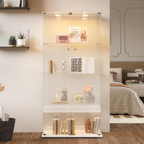 Glasvitrine Standvitrine mit LED Beleuchtung, Glasvitrine Stehend mit 3 Glasböden, Glas Vitrine mit Schloss, Vitrinenschrank für Wohnzimmer Büro Sammlerstücke Bücher (Weiß, 2 Tür + Pat Licht)