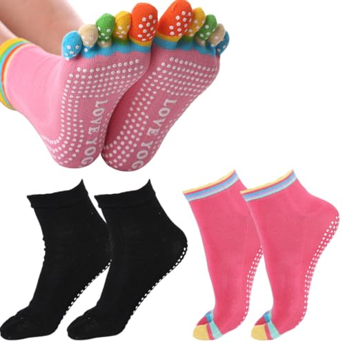 DOKRIN Calcetines de yoga para mujer, 2 pares de calcetines de yoga de cinco dedos para mujer antideslizantes con puntera abierta transpirables para bailar fitness y barras (negro, rojo rosa)