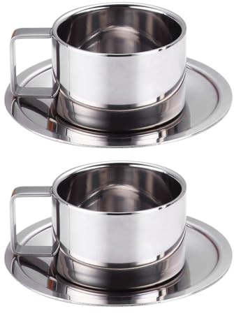 Hohopeti Set 2 Tazze da Caffè e Acqua in Acciaio Inox 304 200Ml con Piattino Tazze da Cappuccino per Casa e Ufficio Design Sicuro con Bordi Lisci per Bar e Ristoranti