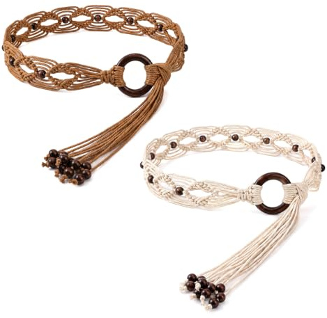 YPLANGENT 2er Set FlechtgüRtel Damen Boho GüRtel Handgestrickt Kordel GüRtels,Im Landhausstil mit Fransen 5 Cm Breit für Kleid für Sommerkleider Strand Festival Urlaub Camel und Beige