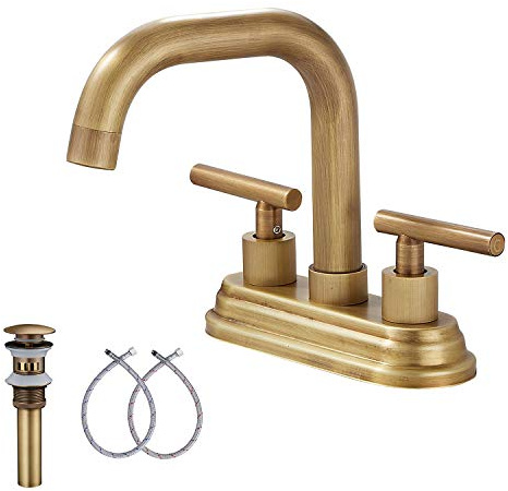 GGStudy Bathroom Vanity Faucet 2-Handles 4 Inches Centerset High Arc Spout Antique Brass with Drain Assembly and Supply Hose Lavatory Faucet Mixer Deck Mounted