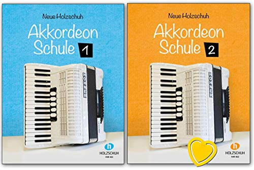 Neue Holzschuh Akkordeonschule Bände 1 und 2 mit bunter herzförmiger Notenklammer - 9783920470603, 9783920470610
