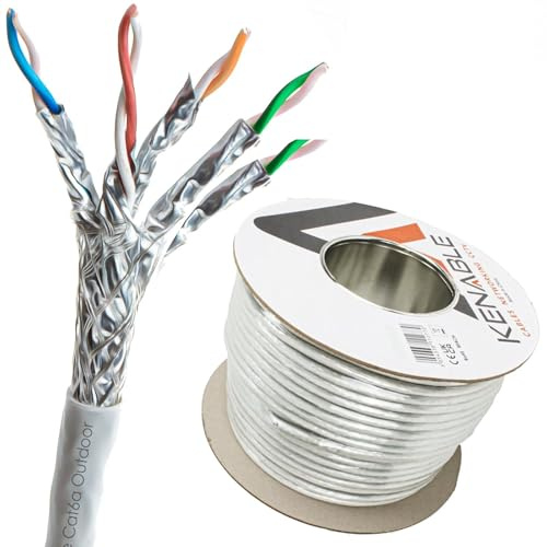 kenable External Shielded CAT6A Outdoor Ethernet Cable S/FTP Full Copper 23AWG UV Resistant PE Weatherproof Network Cable Reel 100m White