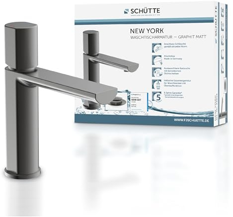 Schütte 33612 NEW YORK Waschtischarmatur mit Ablaufgarnitur, Mischbatterie mit Pop-Up Ventil, Badarmatur Waschbecken, Einhebelmischer Badezimmer, Wasserhahn Bad, Graphit