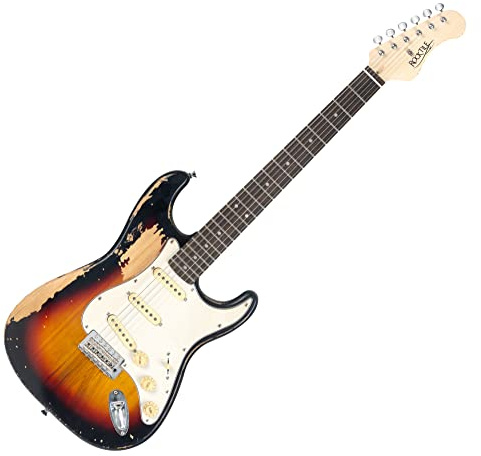 Rocktile Vinstage ST-BBSB E-Gitarre - Relic-Gitarre in Aged-Style - Korpus: Esche - Hals: Ahorn - Griffbrett: Lorbeer - 3x Single Coil Pickup - Vintage-Hardware - Sunburst