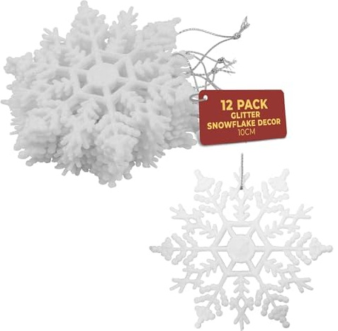 Festive Fix Snowflake Christmas Tree Decorations – Pack of 12 White Hanging Snowflakes 10 cm – Sparkling Xmas Tree Ornaments for Home & Outdoor Use, Winter Wonderland Holiday Décor