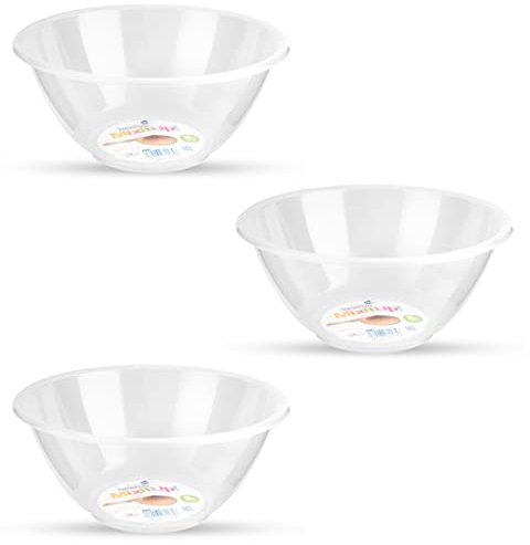 Homeshopa Plastic Mixing Bowl, 3 Pack 5 Litre Reusable Kitchen Cooking Serving Bowl, Non Slip Base, Compact & Stackable, Popcorn Salad Bowl for Food Prep Baking, Dishwasher Safe, 28cm Clear