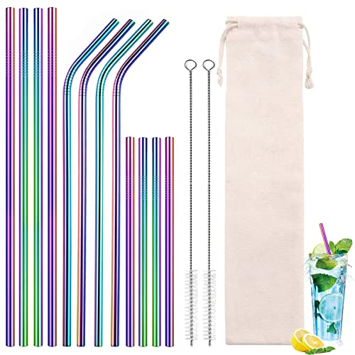 DGN Set di 12 Cannucce Riutilizzabili Set,Cannucce Acciaio con 2 Spazzole,Cannucce Metallo,Cannuccia Acciaio,Riutilizzabili Cannucce in Acciaio Inox,per Cocktail,Frullati,(Colori dell'arcobaleno)