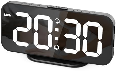 HOMVILLA Wecker, LED Digital Wecker mit großem Spiegel, Stromversorgung über Elektrisches USB-Kabel, Dimmbare Digitaler Wecker mit Schlummerfunktion, 12/24 Stunden, Dual-Alarme, 2 Anschlüsse