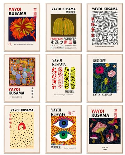 RETRART Yayoi Kusama – Lot de 9 affiches murales vintage Yayoi Kusama – Impressions sur toile japonaise – Décoration murale esthétique pour chambre à coucher, salon, salle de bain, couloir – Sans