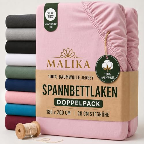 MALIKA® Spannbettlaken 90x200cm - 100x200cm Doppelpack Baumwolle Bettlaken Jersey Betttuch Spannbetttuch Laken - Matratzenhöhe bis 28 cm
