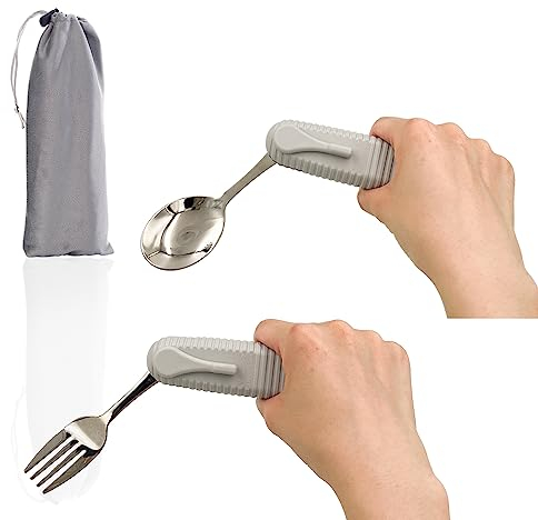 Forzaddik Adaptive Utensils Spoons Forks Set,Open Handle Design Provides Several Positions for Arthritis, Disabled People, Elderly (Gray)
