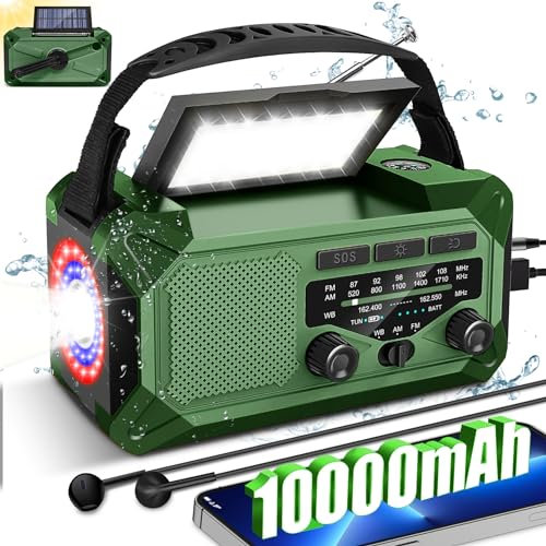 Radio meteorologica di emergenza da 10000 mAh con altoparlante wireless, 37000 mWh NOAA/AM/FM Radio solare a manovella con cella della torcia, caricatore del telefono, bussola, lampada da lettura