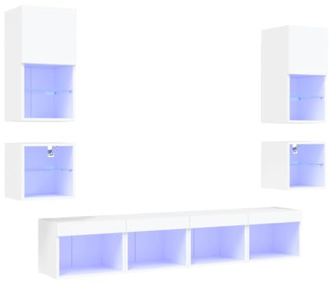 vidaXL Unités Murales TV avec LED 8 pcs, Armoires de Télévision Suspendues, Meubles Télé de Salon, Moderne, Blanc Bois d'Ingénierie