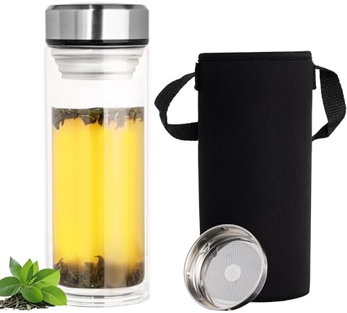 BELLE VOUS Doppelwandige Glas Teeflasche mit Sieb - 900ml Borosilikat Wasserflasche mit Fruchteinsatz & Deckel - Reisebecher für heißen/kalten Tee - Trinkflasche mit Sieb