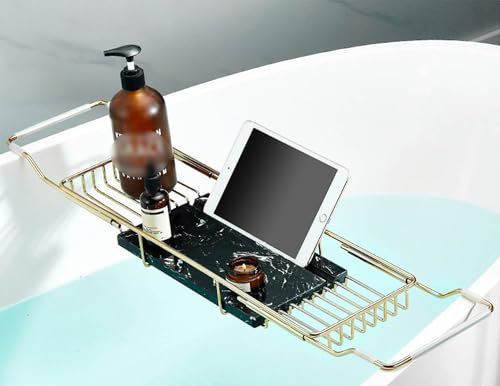 ZORZA Badewannenablage ausziehbar 68–90 cm,Edelstahl Badewannentablett mit Marmor,Ablage Badewannentablett für Tablet-Telefone,Badeprodukte,A01,68cm~90cm