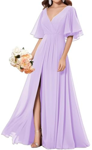 WSEYU Vestidos de dama de honor con cuello en V largos con bolsillos acampanados de gasa vestidos de fiesta formales vestidos de noche con abertura, Lila, 36