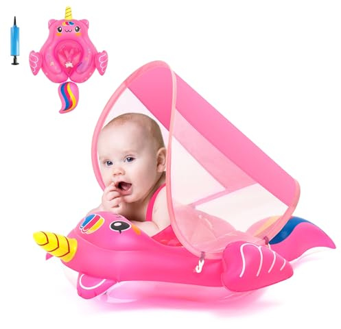 Uppblåsbar simflottör, babypool flytande för 6-36 månader babyflicka med solskyddande säte, uppblåsbar simring för spädbarn småbarn barn 1-3 år (het rosa enhörning)