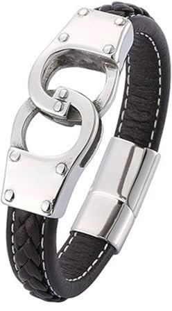 Bishilin Partner Lederarmband mit Gravur, Männer Armbänder Leder Braun 12MM mit Handschellen Charms Armband Personalisiert 16.5CM