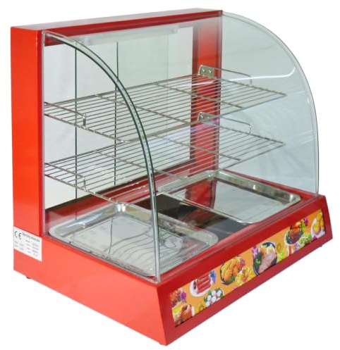 KuKoo Matvärmare Stort Kommersiellt Elektriskt Värmeskåp Bänkmonterad Uppvärmd Showcase Kabinett Catering Buffé 2 Hyllor 2 Brickor 1200W 80°C Röd Stål Pizza Burgare Paj 45 x 59 x 66cm