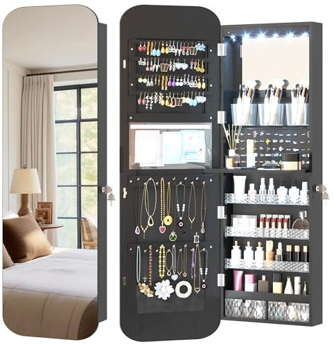 Vlsrka LED Ovaler Schmuckschrank Hängend, Türspiegel/Wandspiegel Schmuckschränk, Schmuckschrank mit Spiegel & Beleuchtung, Schmuckspielgelschrank Holz Abschließbarer, Gewölbter Spiegelschrank, Schwarz