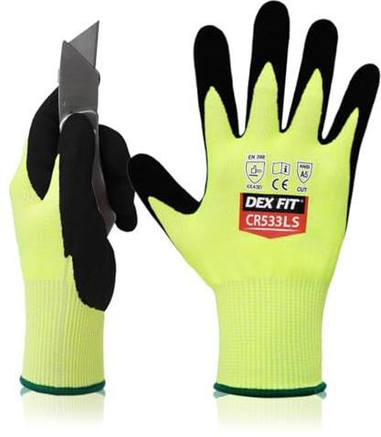 DEX FIT Guantes de Trabajo Anticorte Nivel 5 CR533LS - Suaves Sin Fibra de Vidrio, Agarre Extrafirme, Ligeros, Pantalla Táctil, Duraderos, Transpirables; Verde Neon XS (6) 1 Par