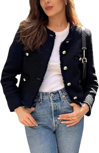 Veste en Tweed pour Femmes élégante Affaires décontractée à Manches Longues Bouton Veste Courte Mode Bureau carrière col Rond Veste légère (Noir,M)