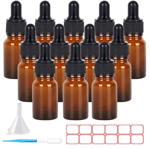 SuQurtom Braunglas Pipettenflaschen 10ml 12 Stück Auslaufsichere Tropfflaschen mit Tropfer & Trichter, Apothekerflasche Ideal für Ätherische Öle, Aromatherapie, Reisegröße und Chemische Flüssigkeiten