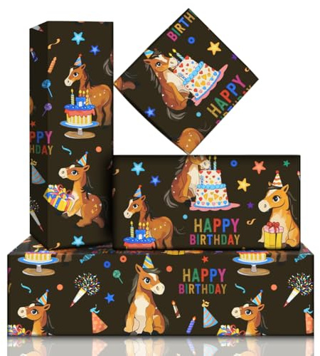 Geschenkpapier Geburtstag Pferd,Schwarzes Geschenkverpackungen Happy Birthday 6 Blätter,Kleines Braunes Pferd Mit Geburtstagsgeschenken und Hut Wrapping Paper für Geburtstag Bauernhof Tier Party
