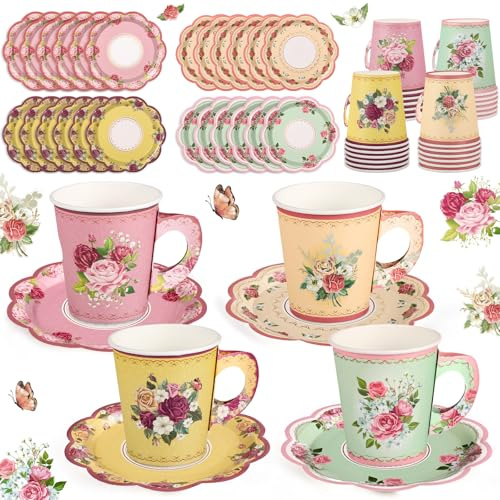 24 Sets Vintage Floral Tea Party Cups 7 OZ Disposable Paper Tea Cups with Handle and Plates Teacups and Saucer Sets for Baby Bridal Shower Wedding Birthday(Vintage Style)