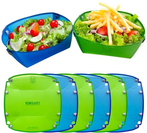 RIMGARY Collapsible Camping Bowl 6pc Plastic Bowl Sets (3 blue and 3 green) for Outdoor Snap Fold Plastic Plate Portable Cutting Board Cut Fruit Family Picnic Party Travel Easy to Carry Save Space