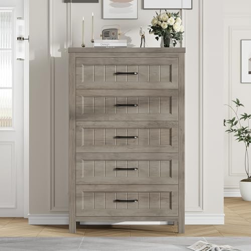 Jocoevol 5 Drawer Dresser for Bedroom - Farmhouse 44.9 Tall Chest of Dresser with Large Storage, Rubst Wood Construction for Living Room, Hallway & Entryway - Gray