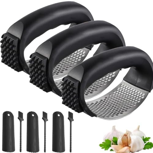 Rostfritt stål Garlic Press Rocker, vitlökspress rostfritt stål, 2-i-1 vitlökssläpp i rostfritt stål med silikonskalare, rengöringsborste för vitlök, ingefära, mer (3)