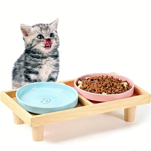Kattskål platt keramik med trästativ, upphöjd matstation bord med 2 keramikknappar, matskål kattskål diameter 16 cm