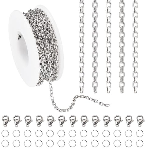 FASHEWELRY Büroklammerketten, 304 Edelstahl, ungeschweißt, rechteckig, mit Karabinerverschlüssen, Biegeringe für Heimwerker, Damen, Herren, Armband, Halskette, Schmuckherstellung, 5 m