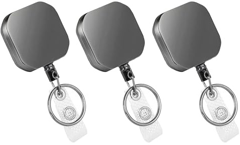 HUAZIZ 3 Stück 32mm Quadrat Einziehbare Ausweishalter mit Gürtelclip & Schlüsselanhänger, Metallgehäuse, 60cm Faserschnur & verstärktem Ausweisgurt für Name, Card, Keychain
