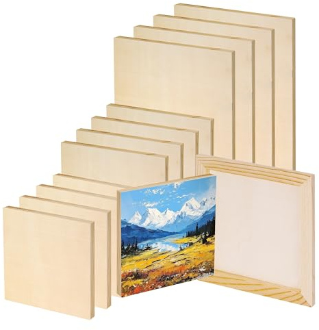 WeeGoo 12 Pcs Wood Canvas Panels, Wooden Canvas Painting Board | Square, Rectangle, for Crafts DIY Painting Drawing (12 x 12cm, 15 x 15cm, 19 x 23cm)