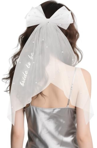 Bridal Hair Bow Veil with Pearl, Bride to Be Veil White Tulle Wedding Veils for Hen Party Bachelorette Party Accessories Bridal Shower Decorations