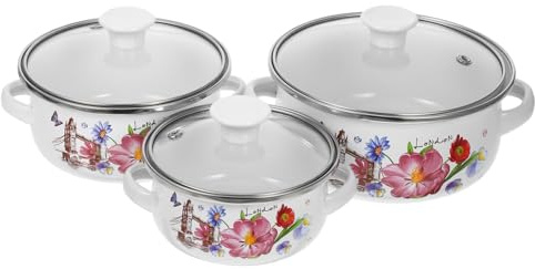 Petites Casseroles en Émail 3 Pièces à Double Poignées Fond Plat | Mijoter Soupe et Sauce, Moulage Monobloc, Poignées Confortables, Usage Polyvalent, Motif Aléatoire Style Aléatoire
