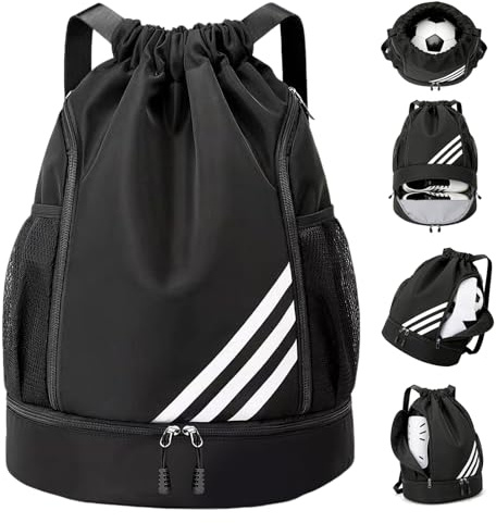 Wihozte Waterproof Sports Backpack, Large Drawstring Gym Bag with Shoe Compartment and Water Bottle Mesh Pockets, Sports Backpacks for Men Women, Football Basketball Volleyball
