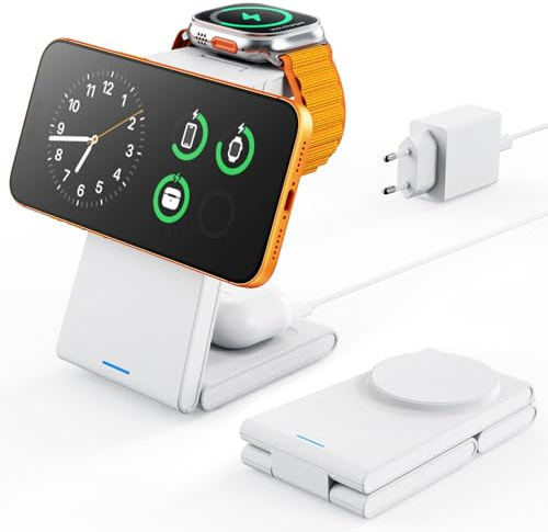 GEEKERA 3-in-1 Faltbar Ladegerät für Mag-Safe, Induktive Ladestation für Apple Watch und iPhone, Induktionsladegerät Kompatibel mit iPhone Air/17/16/15/14/13/12, Apple Watch 11-2, AirPods, Mattweiß