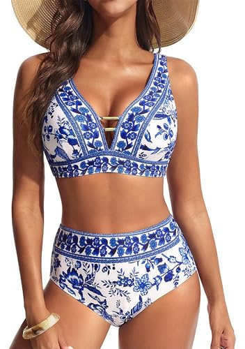 Hanna Nikole Women High Waist Bikini Sets,2 Piece Cutout Swimsuit,V Neck Bathing Suits,Sexy Swimwear Tummy Control Beachwear,Retro Push up Swimming Custom