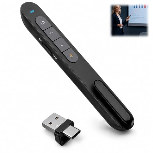 Télécommande Présentation, Pointeur Laser Présentation PowerPoint USB C et USB 2 en 1 sans Fil 2,4 GHz avec Pointeur Laser Rouge Clicker PPT pour PowerPoint Keynote Google Slides Contrôle 100 m