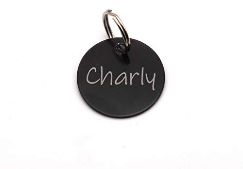 Hundemarke rund mit Gravur auf beiden Seiten - personalisiert | inklusiv Schlüsselring | Anhänger, ID Tag, Adressschild, Adressmarke, Adressanhänger für Hundehalsband | viele Farben | Schwarz