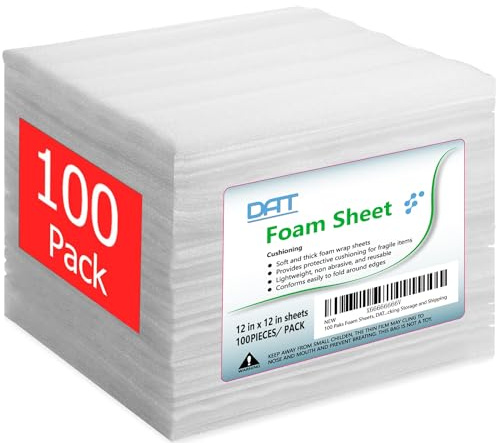 100 Pack Foam Sheets, DAT 12 x 12, 1/16 Thickness, Foam Wrap Cushioning Material, Moving Supplies for Packing Storage and Shipping