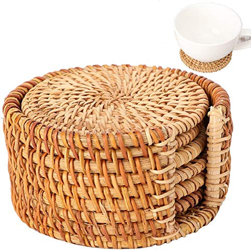 6 Unidades de Posavasos de Ratán Redondos para Tazas con Almohadilla para Colchoneta y Soporte para Uso en Restaurantes Bar Hogar Cocina Cafetería, 3.1, 8 cm