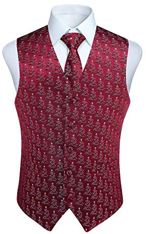 Enlision Rolig väst för män, jul, festlig, glad jultomte, julväst, slips, ficka, fyrkantig näsduk, kostymväst, set, XS–4XL, Vinröd, L