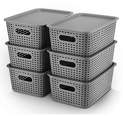 AREYZIN Plastic Storage Baskets Bins With Lid Organizing Container Lidded Knit Storage Organizer Bins for Shelves Drawers Desktop Closet Playroom Classroom Office, 6 Pack
